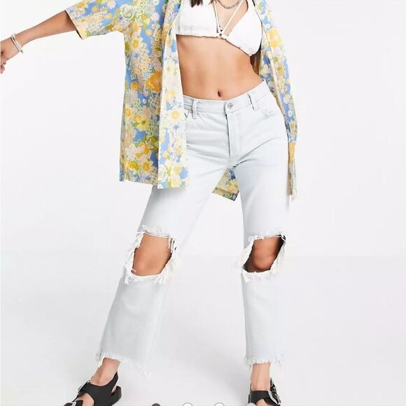 We the free free people distressed semi crop raw hem high rise button fly jeans - Picture 1 of 13